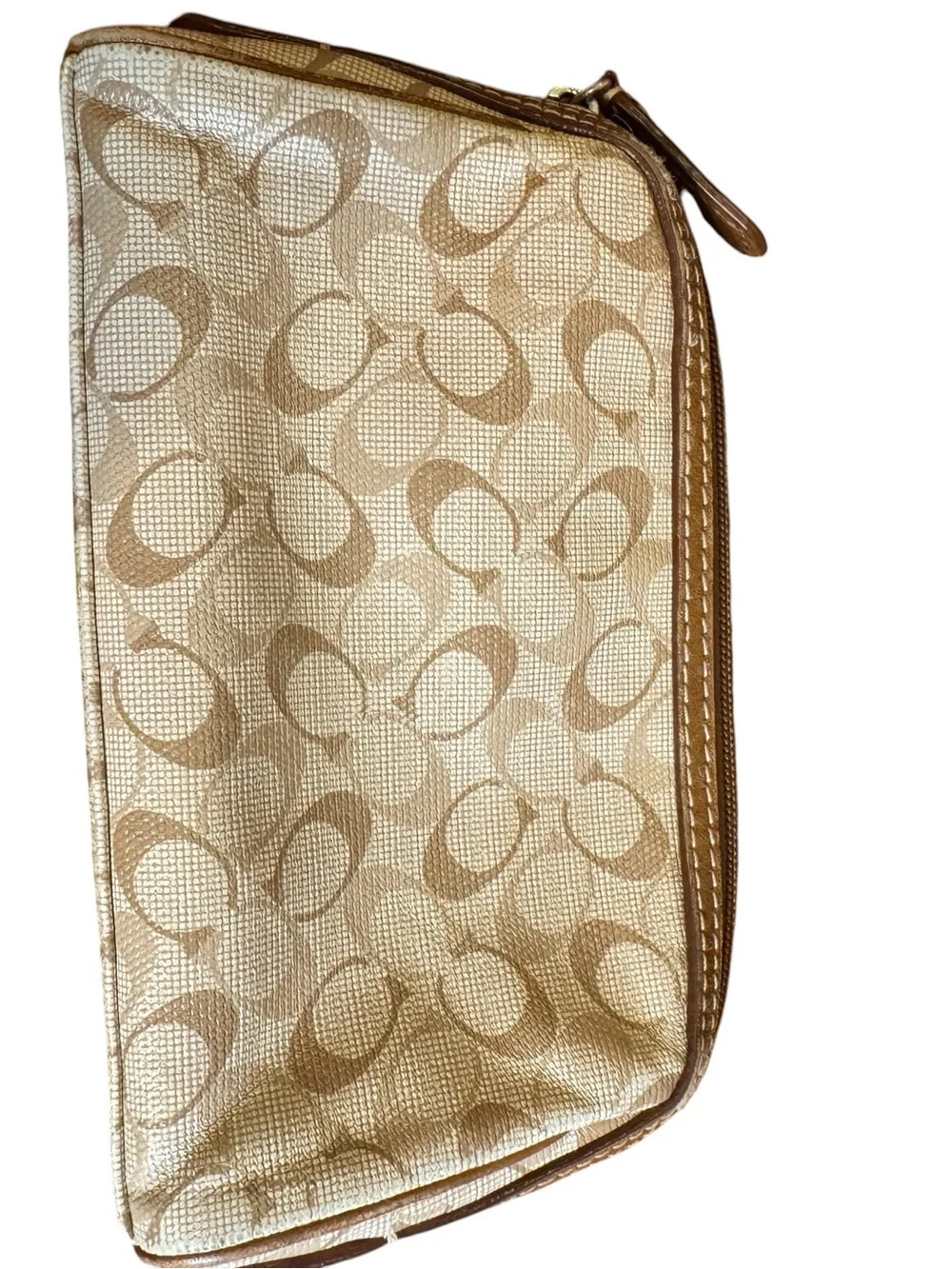 Coach Signature Jacquard Cosmetic Bag Pouch Tan Brown 4.5 x 7